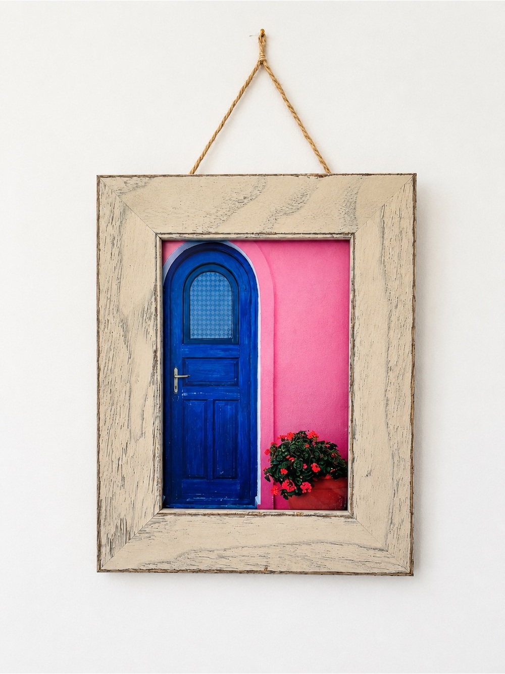 Framed Blue Door Wall Art with Pink Background
